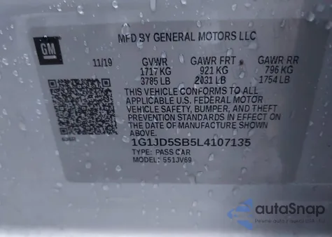 2020 Chevrolet Sonic Fwd Lt из США, поврежденный, VIN 1G1JD5SB5L4107135